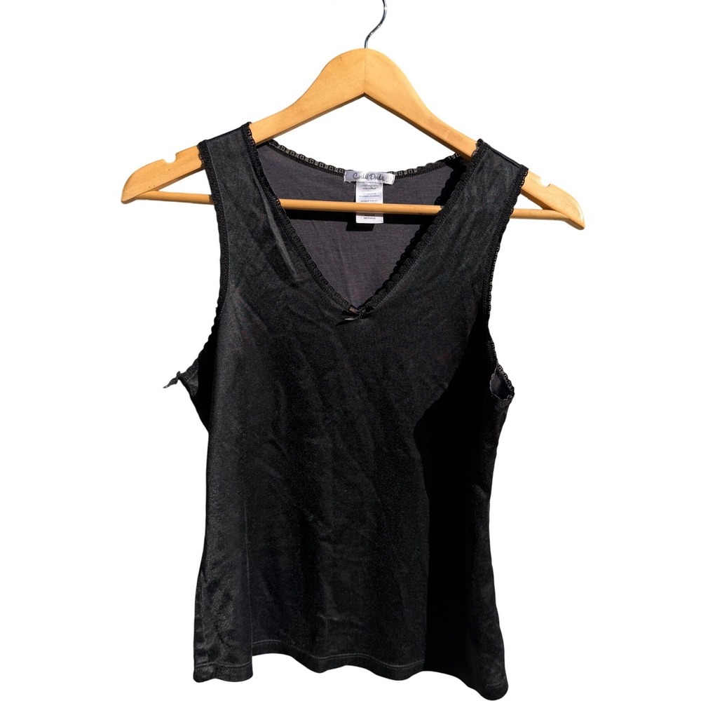 Vintage Cuddl Duds Black Lace Trim V-Neck Tank Top Sleeveless Bow Accent Medium